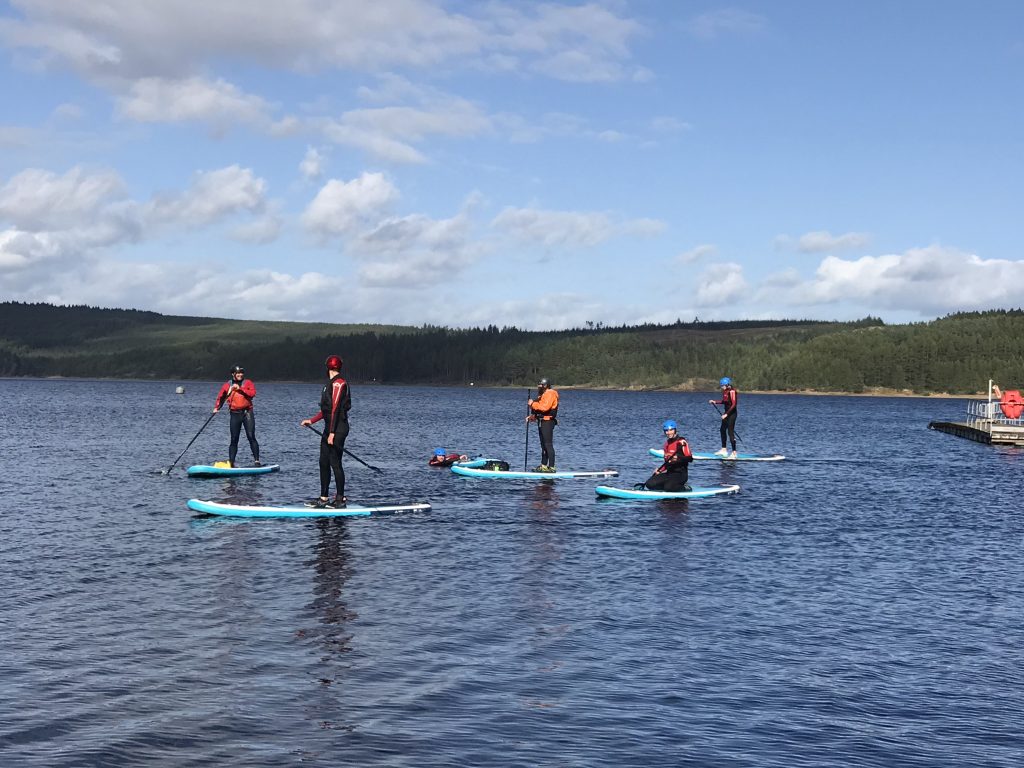 Group of adults paddle boarding